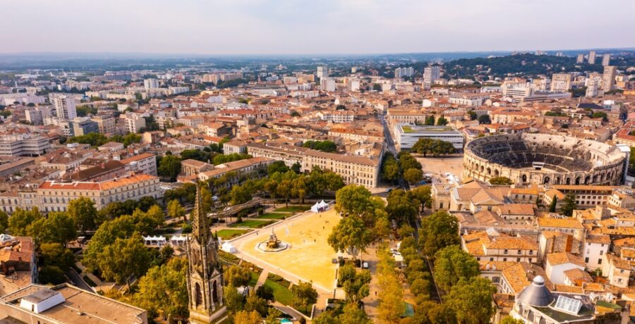 Aerial,View,Of,Historical,Area,Of,French,City,Of,Nimes